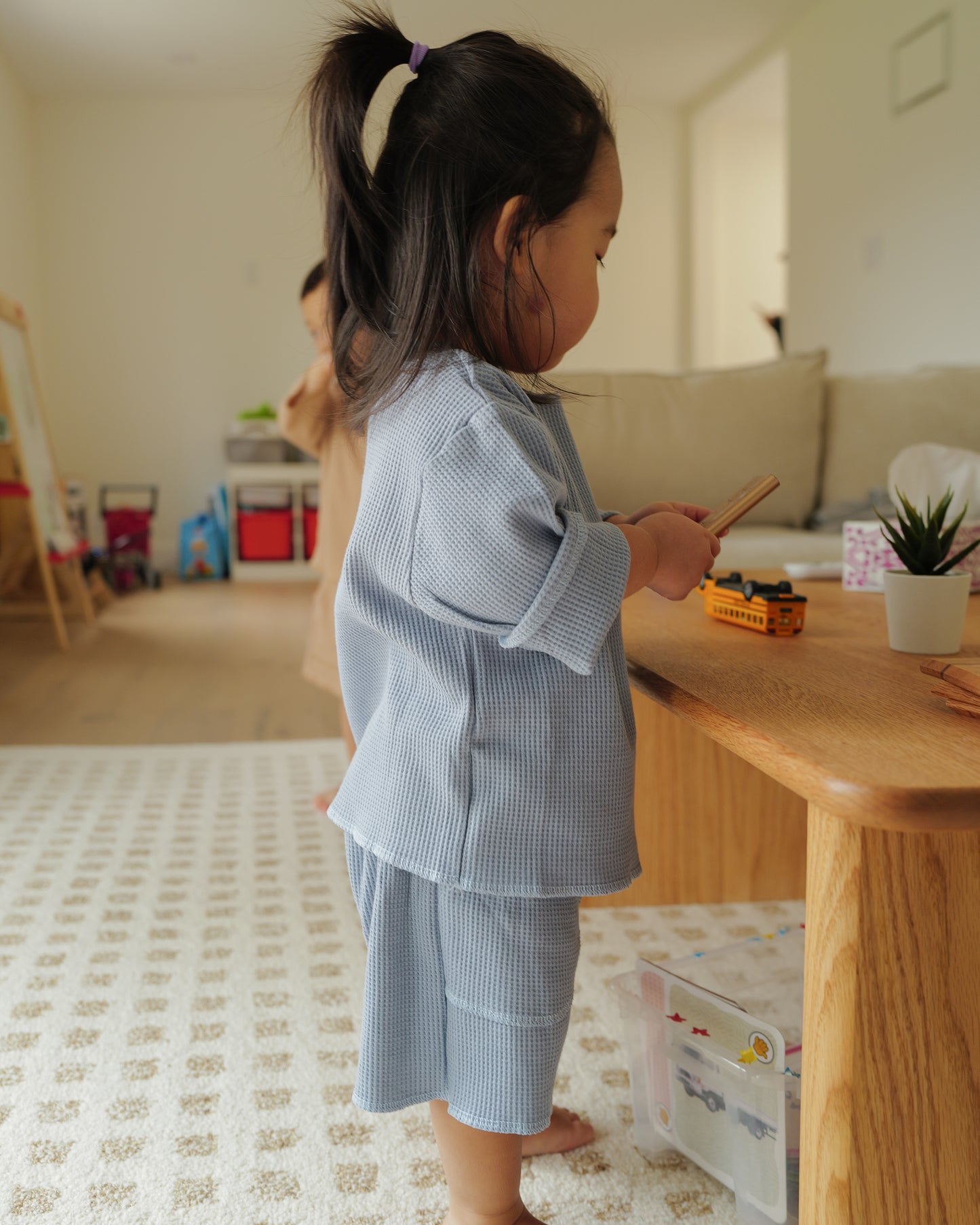 girl in waffled overlock shorts set
