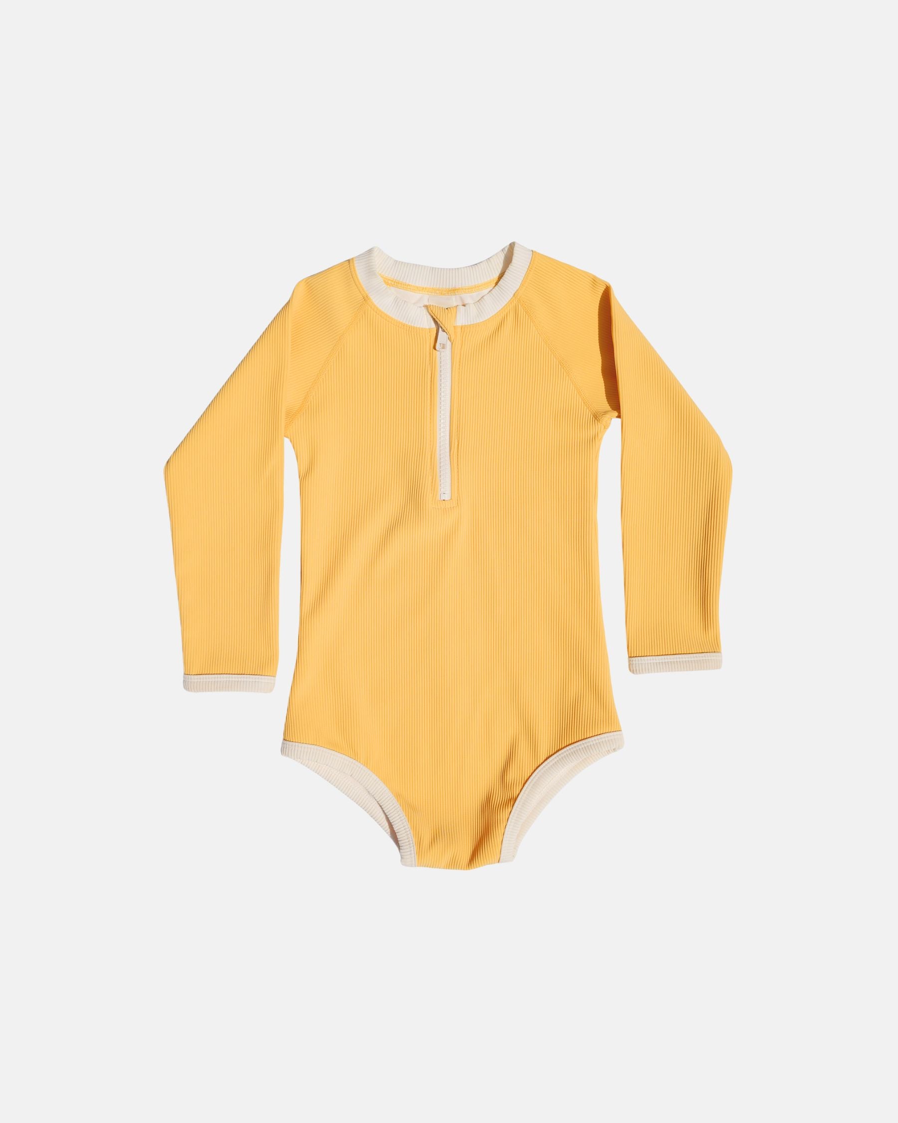 Ribbed Long-Sleeve Baby & Kids Swimsuit (Yellow)