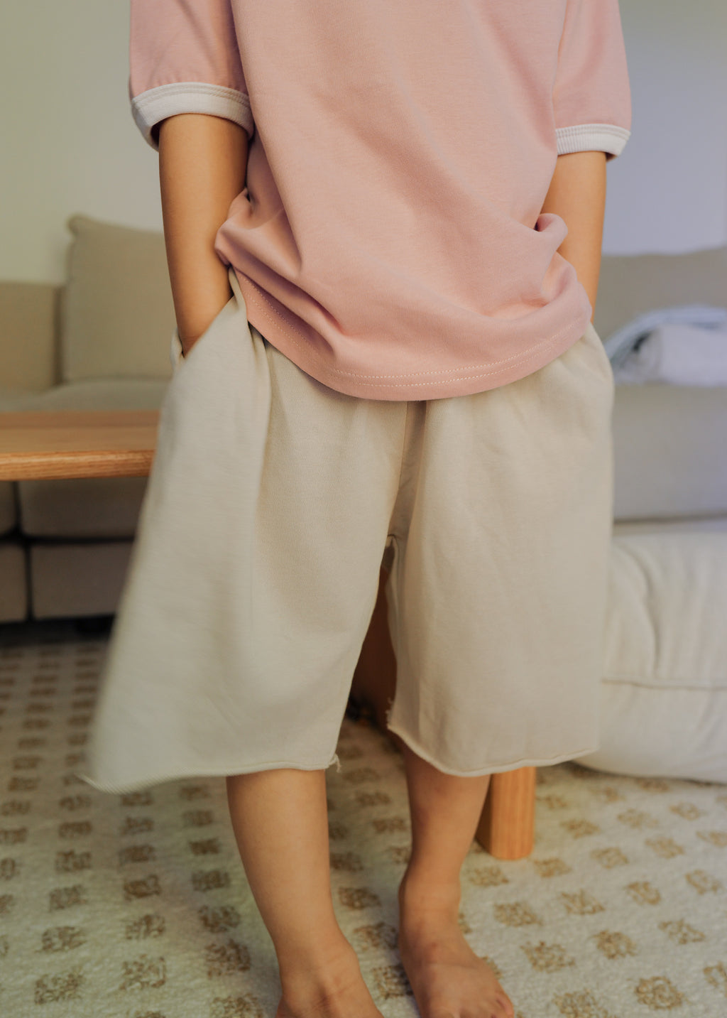 Raw Hem Sweat Shorts (Beige)