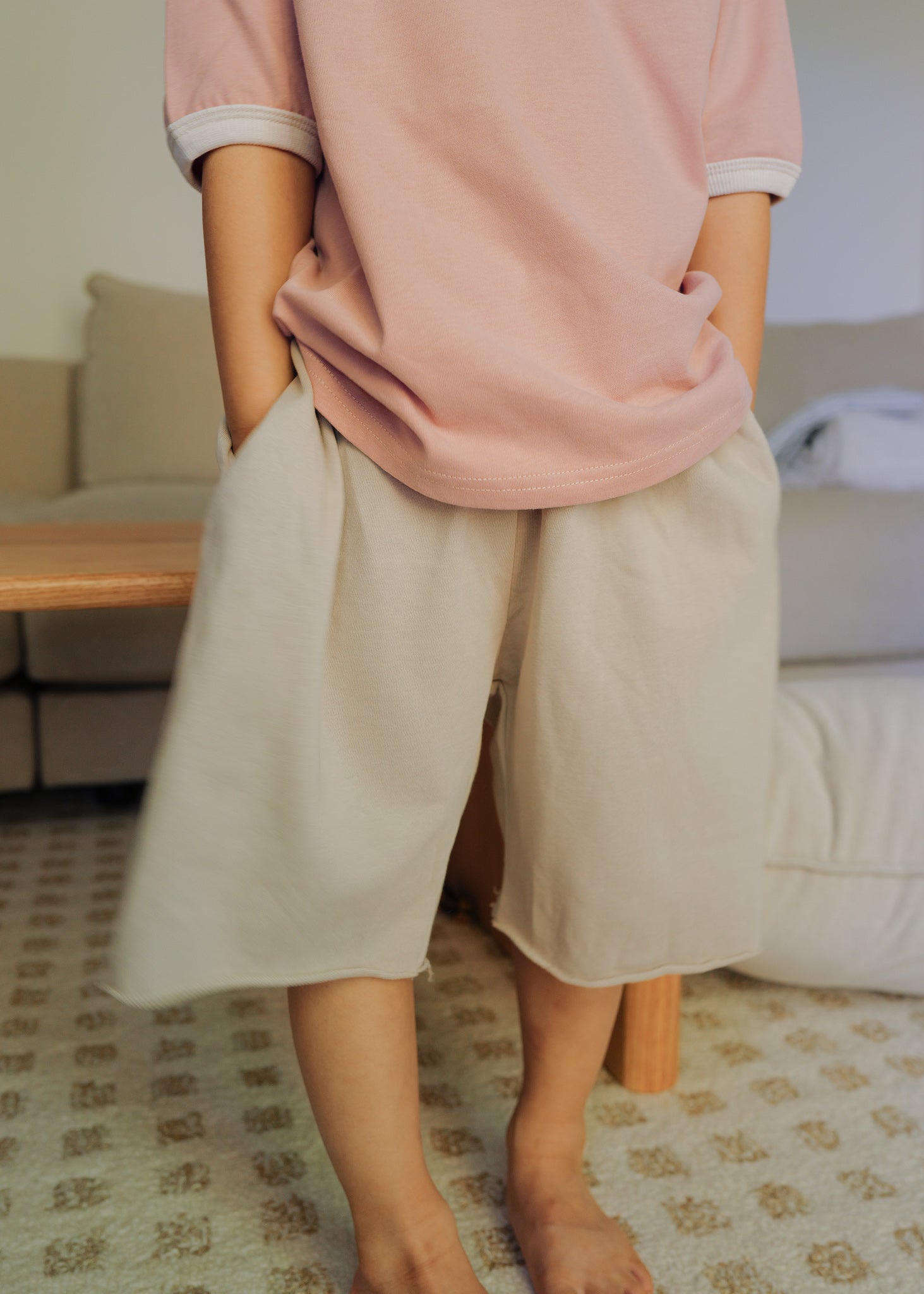 Raw Hem Sweat Shorts (Beige)
