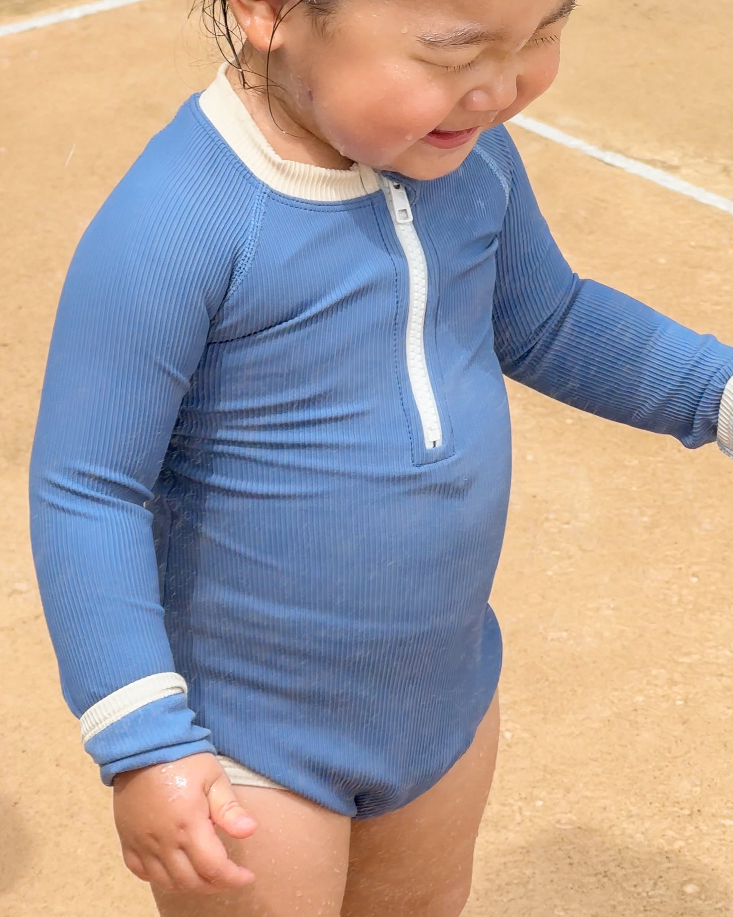 Ribbed Long-Sleeve Baby & Kids Swimsuit (Blue)