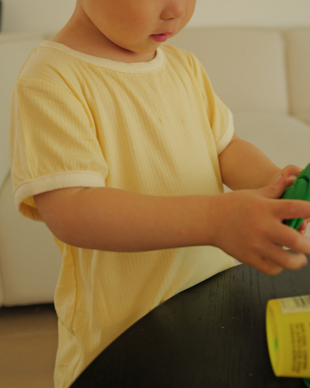 boy wearing summer ribbed tee yellow