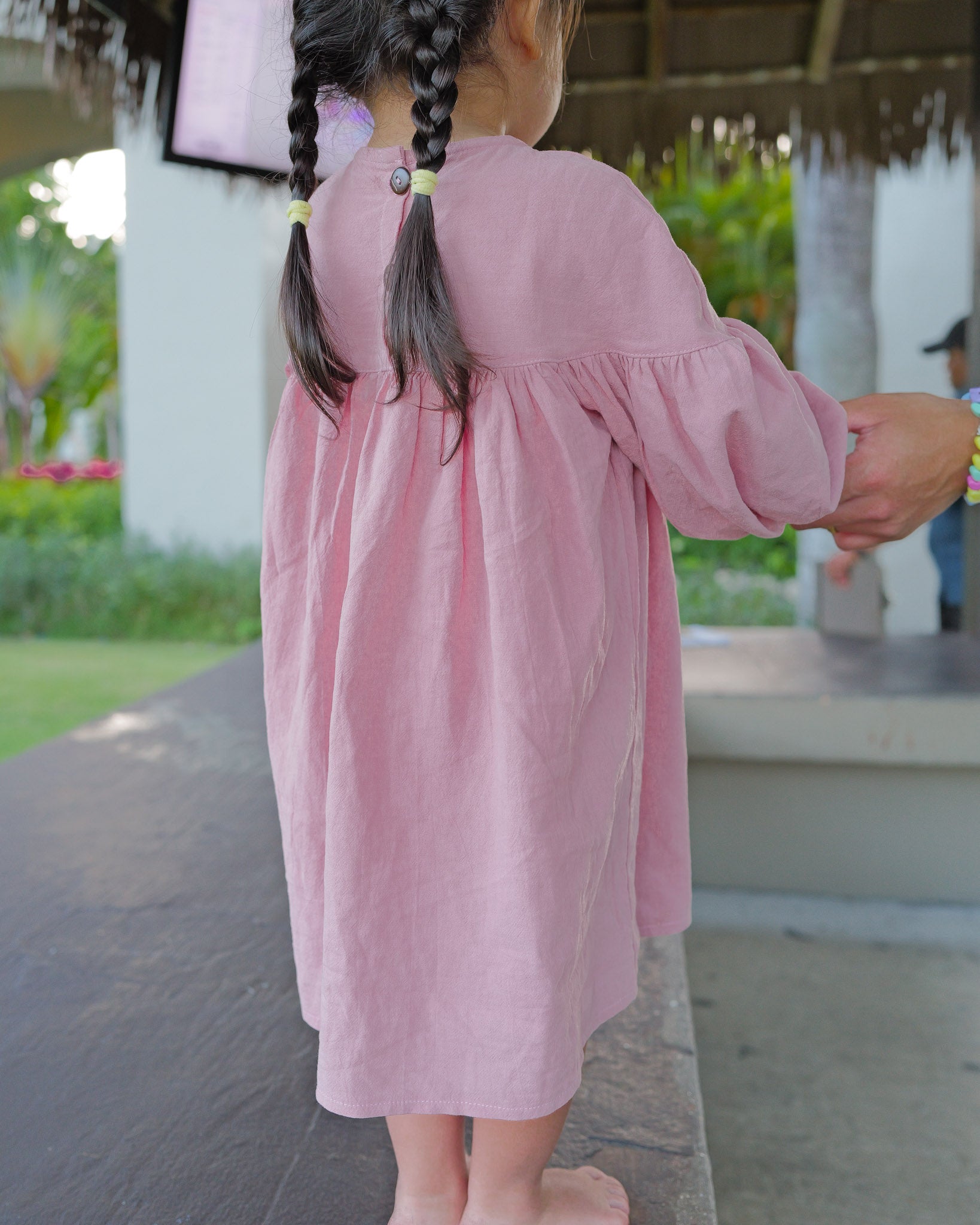 Linen Balloon-Sleeve Dress (Pink)