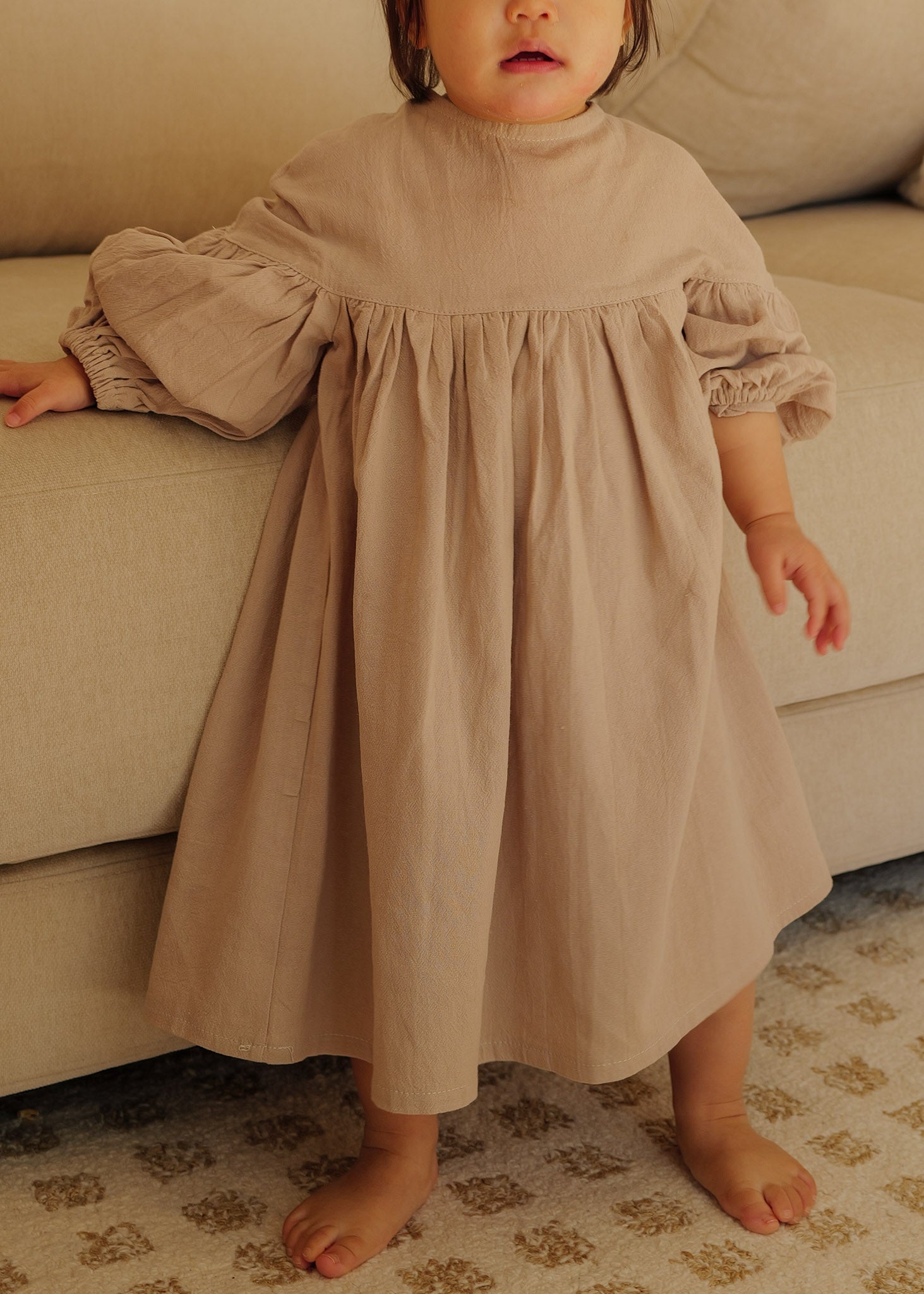 Linen Balloon-Sleeve Girls Dress (Grey) – Flowy & Lightweight