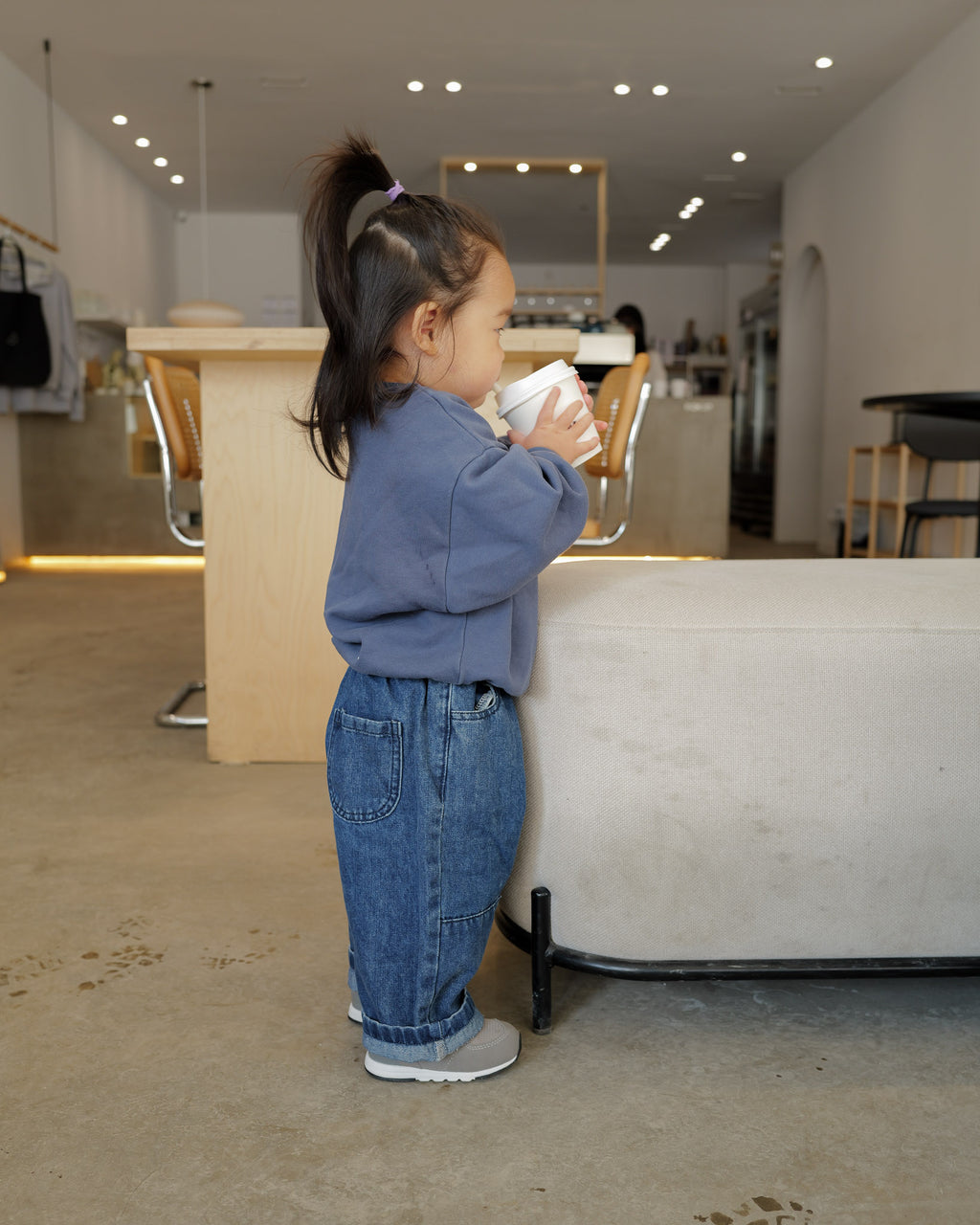 toddler in baggy crew sweat shirt navy
